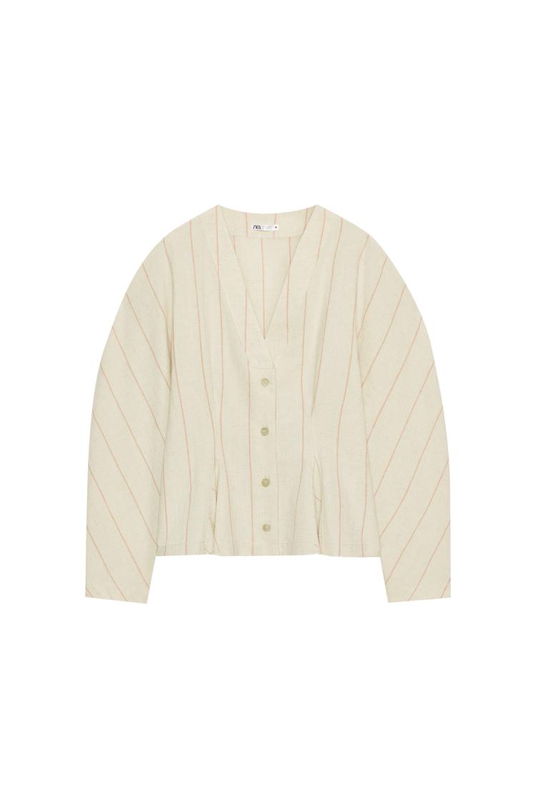 STRIPED FITTED LINEN BLEND BLOUSE