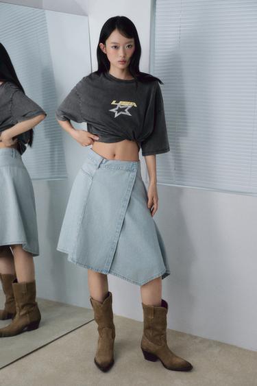 Zara TRF 不對稱中長版牛仔裙 - 淡藍色