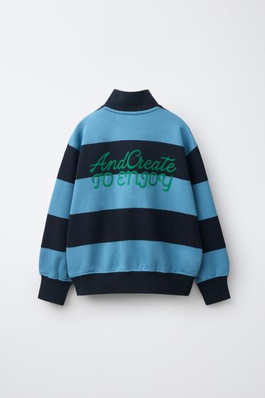 SUDADERA RAYAS TEXTO BORDADO - Azul de Zara