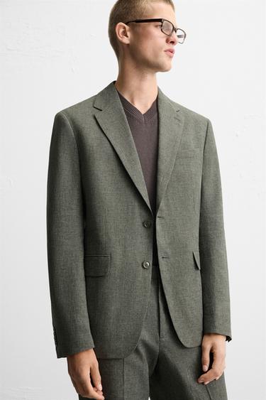 BLAZER DE COSTUME PIED-DE-POULE MÉLANGE LIN - Vert / Écru de Zara - Image 4