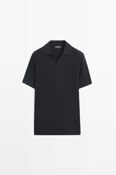 Polo en maille col V coton mélangé - Bleu marine de Zara