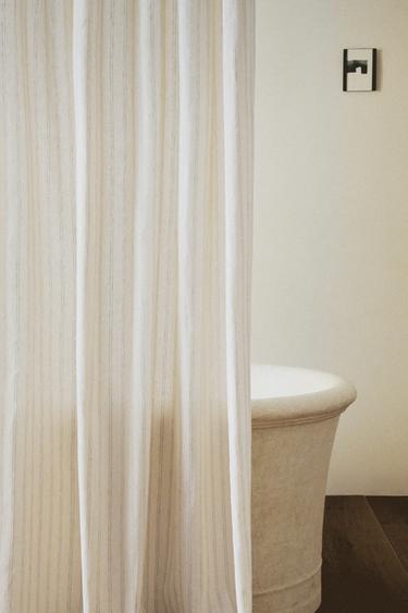 STRIPED LINEN SHOWER CURTAIN - Ecru / Green by Zara
