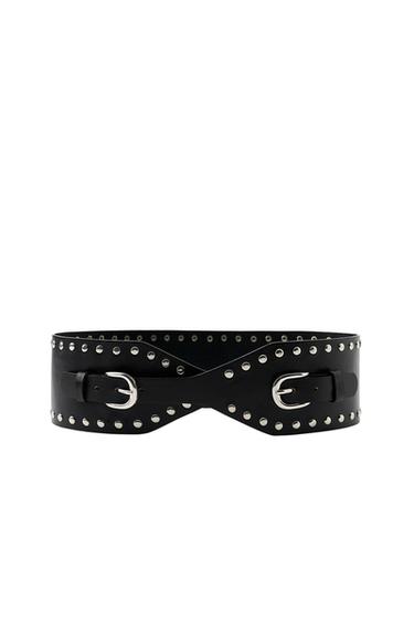 Front view of a black cummerbund belt with metal studs and an oval buckle.