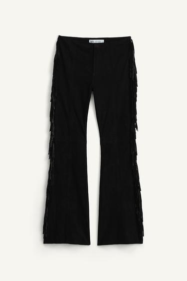 LIMITED EDITION 100% SUEDE LEATHER FRINGED TROUSERS - Black by Zara