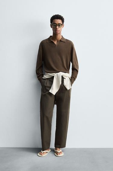 Zara COTTON-HEMP KNIT POLO SHIRT - Black / Brown