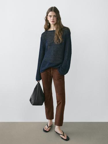 Pantalón cropped detalle cordones piel ante - Marrón de Zara