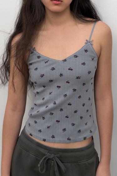 TOP POINTELLE À FLEURS - Gris de Zara