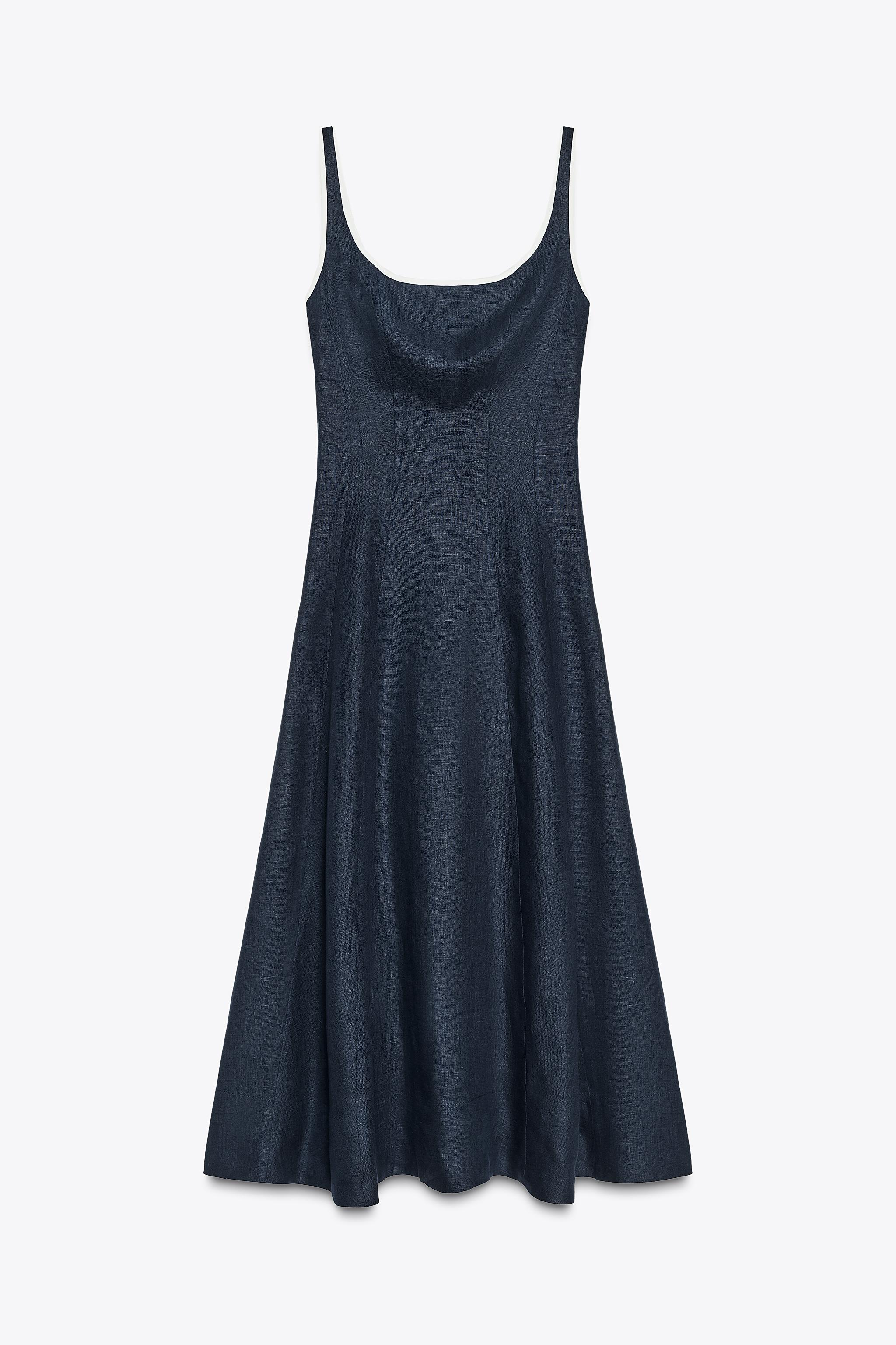 コントラストパイピング入りリネンミディワンピース - ネイビーブルー