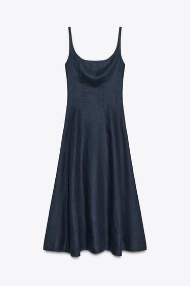 CONTRAST TRIM LINEN MIDI DRESS - Navy blue by Zara