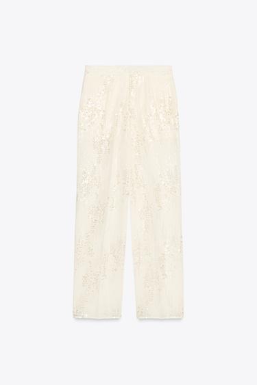 PANTALON DROIT À SEQUINS - Blanc cassé de Zara - Image 3