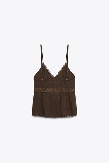 Zara LACE CHIFFON TOP - Brown
