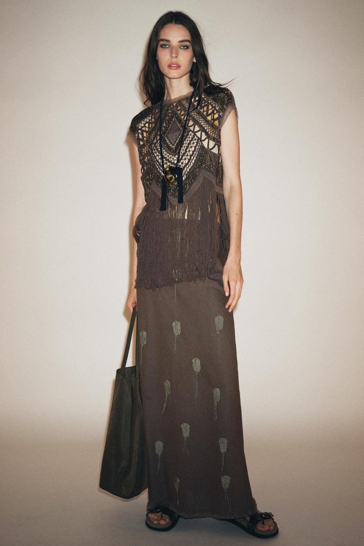 ZW COLLECTION BEADED CROCHET TOP Brown ZARA India