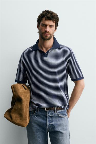 STRIPED JACQUARD KNIT POLO SHIRT - Indigo by Zara