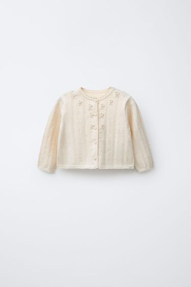 Zara OPENWORK AND EMBROIDERED KNIT CARDIGAN - Ecru