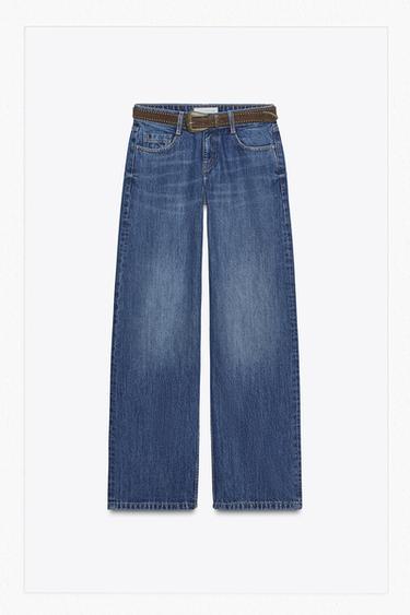 Zara FARMERKE Z1975 ŠIROKIH NOGAVICA S KAIŠEM I NISKIM STRUKOM – mid-plava