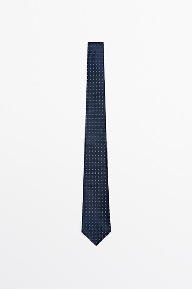 Zara 100% silk geometric print tie - Navy blue - Image 0