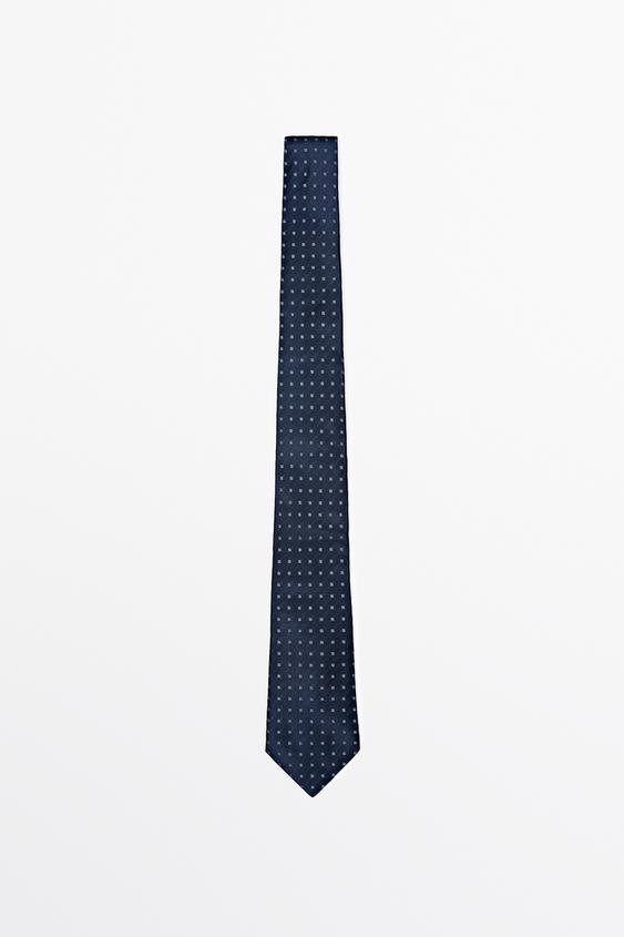 Zara 100% silk geometric print tie - Navy blue - Image 0