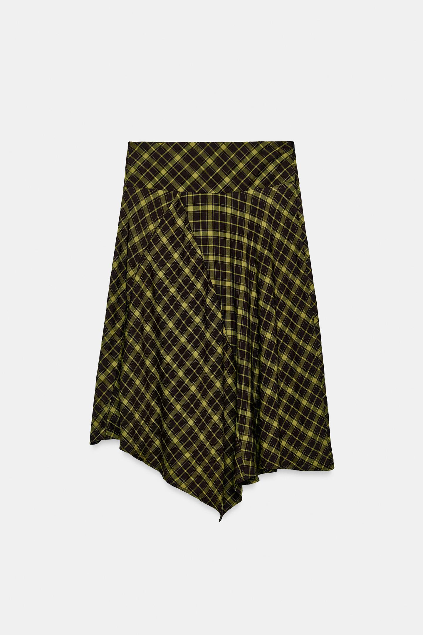 Женская юбка Zara Asymmetric Checked MIDI, цвет: Коричневый / Зелёный — фото 6