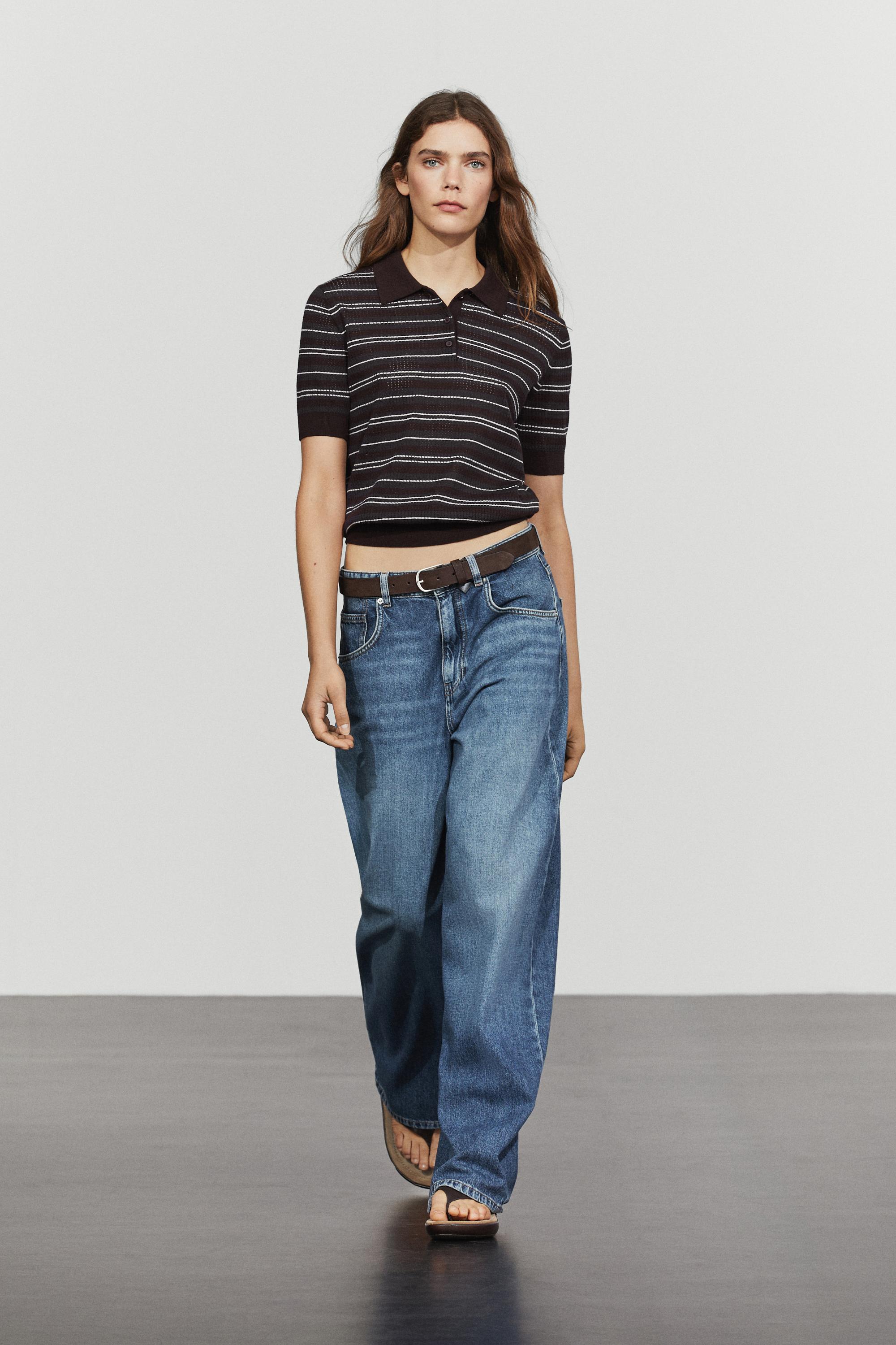 Cotton blend striped open-knit polo shirt