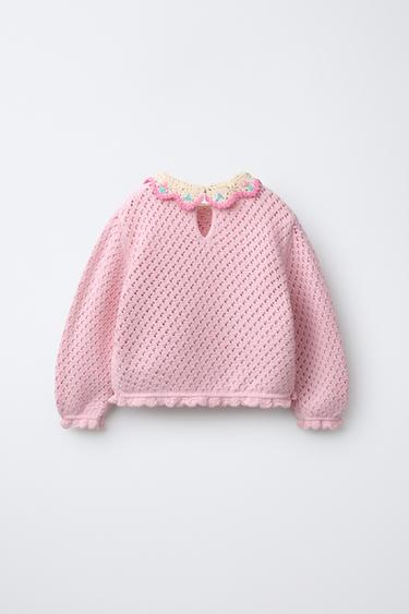 KNITTED JUMPER WITH CROCHET COLLAR - Pink by Zara - Image 1