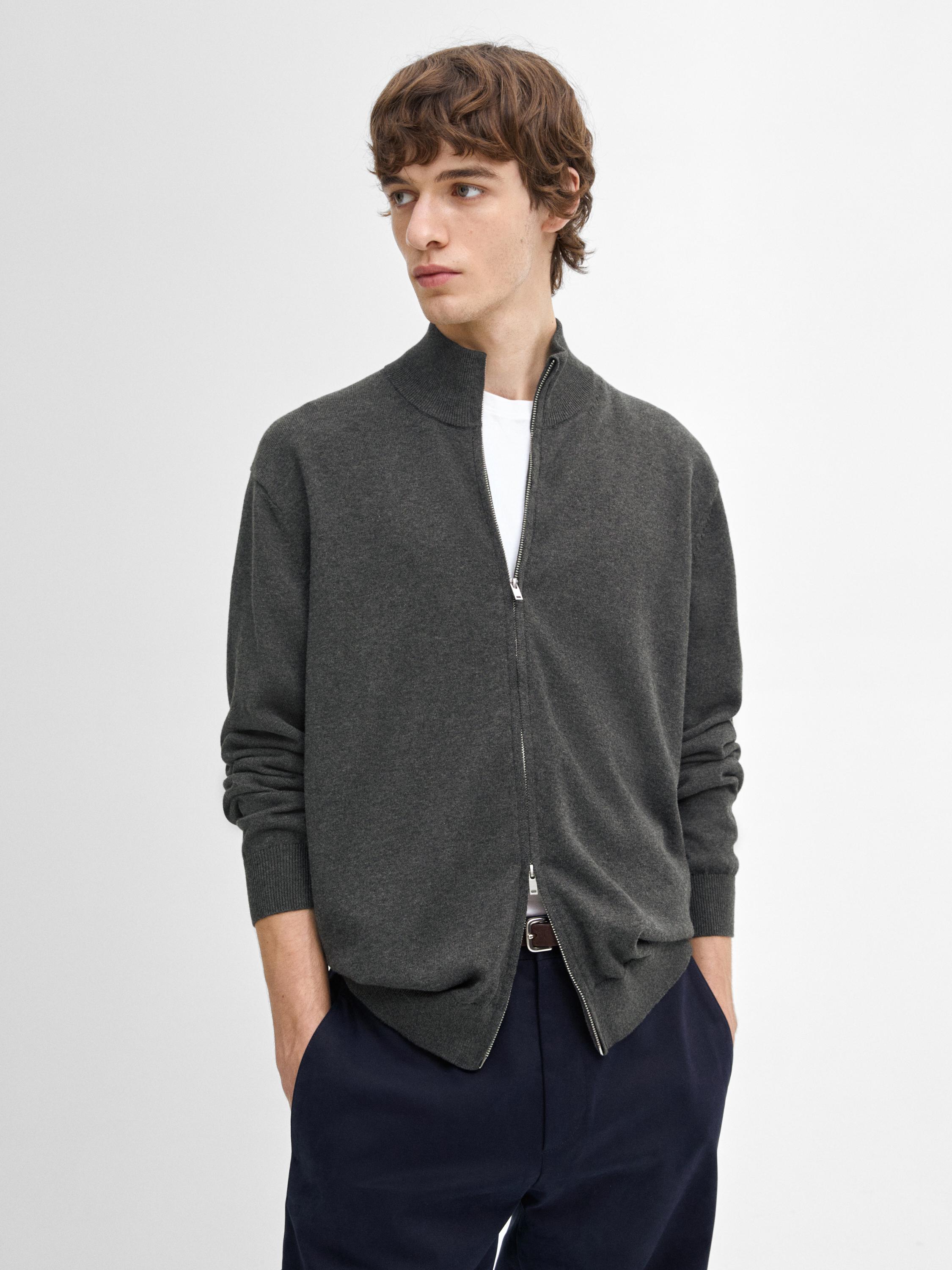 Cotton blend zip-up knit cardigan