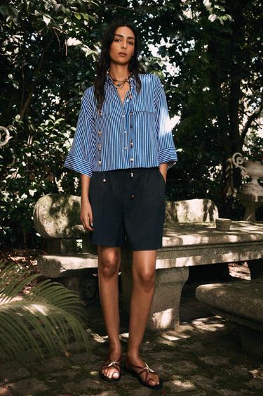 STRIPED LINEN BLEND SHIRT - Blue/White by Zara