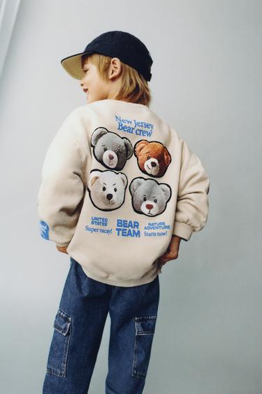 Zara BEAR PRINT AND EMBROIDERED TEXT SWEATSHIRT - Light beige