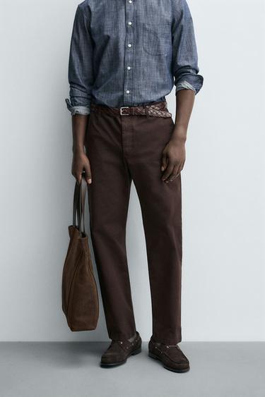 STRAIGHT-LEG TWILL TROUSERS - Brown by Zara