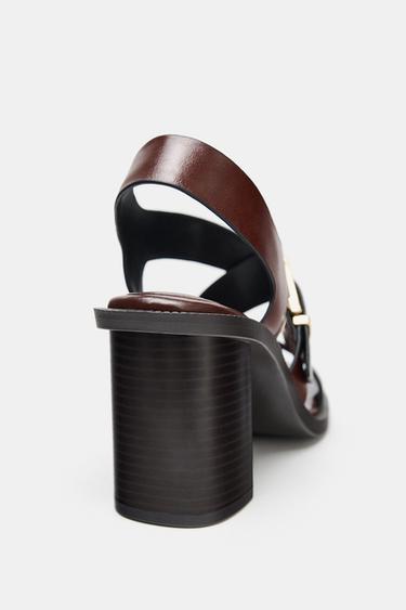 Zara LEATHER BUCKLE HEELED SANDALS - Brown