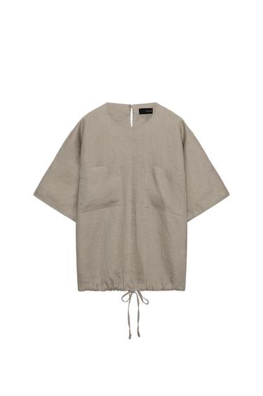 ZW COLLECTION 100% LINEN TOP WITH DRAWSTRINGS - Brown / Taupe by Zara