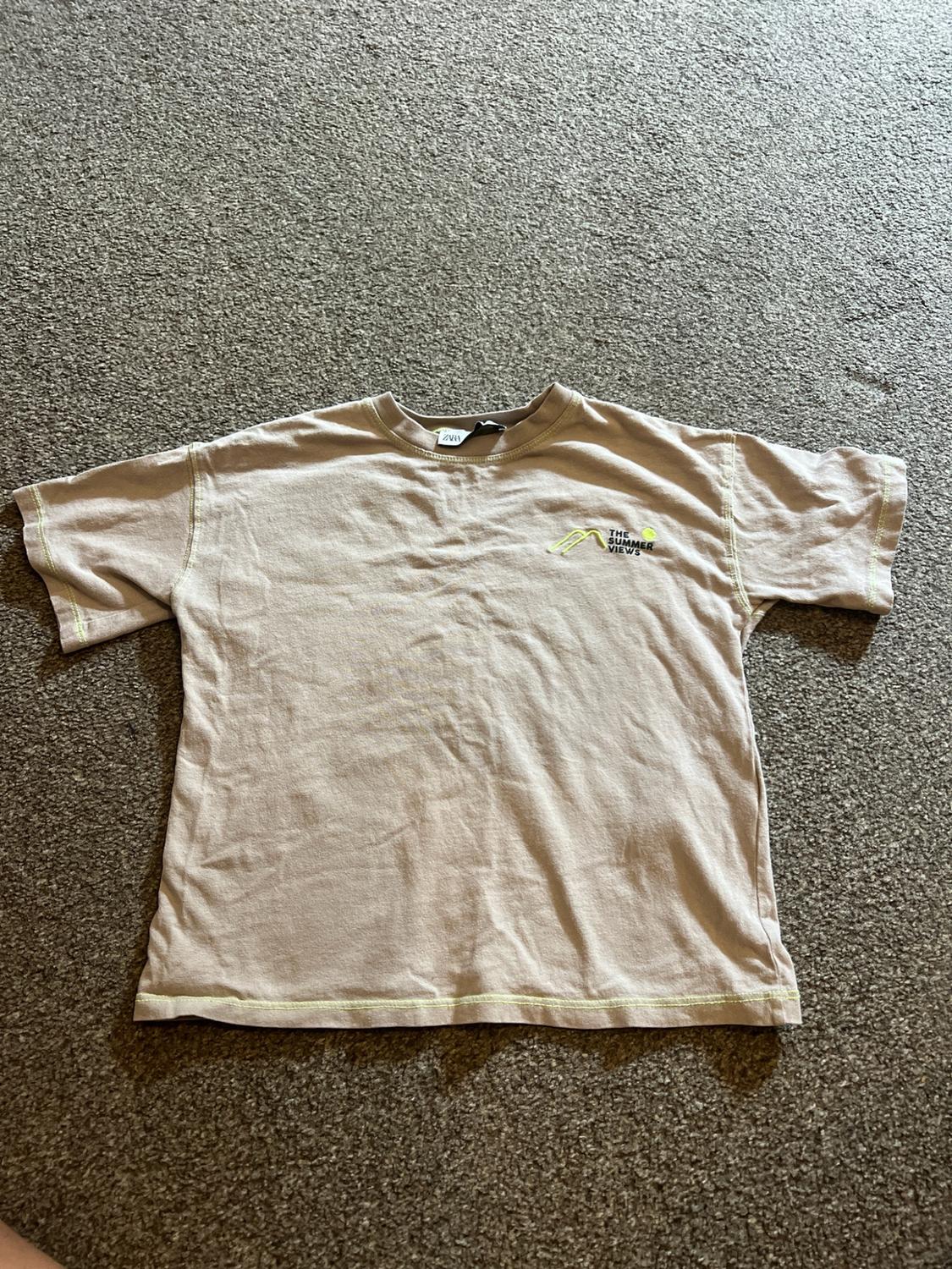 Beige T-shirt on a grey rug with neon green stitching. Shows the Zara label and the text THE SUMMER VIEWS on the chest.