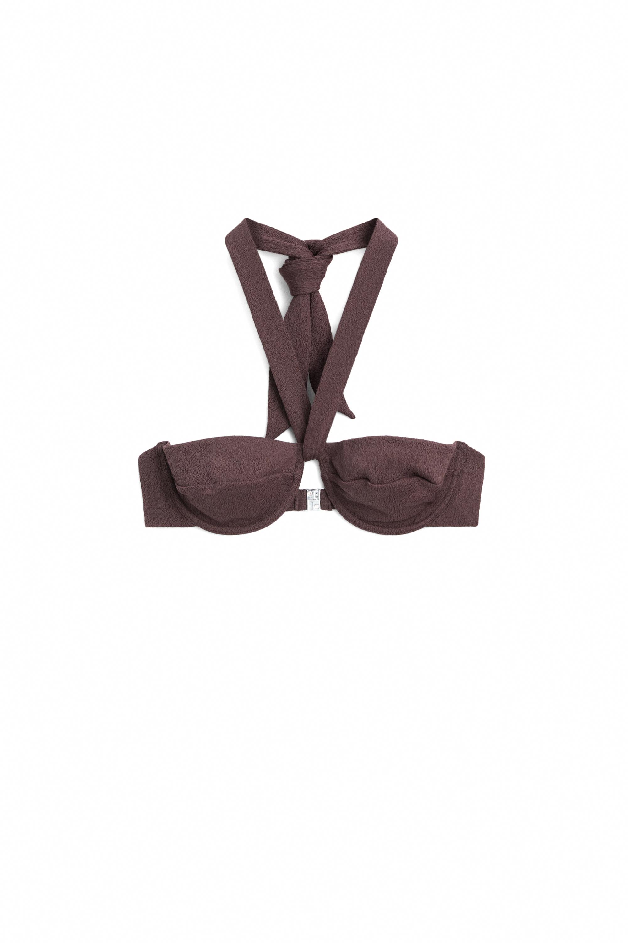 Textured bikini top with underwire and tied neck — Brown
