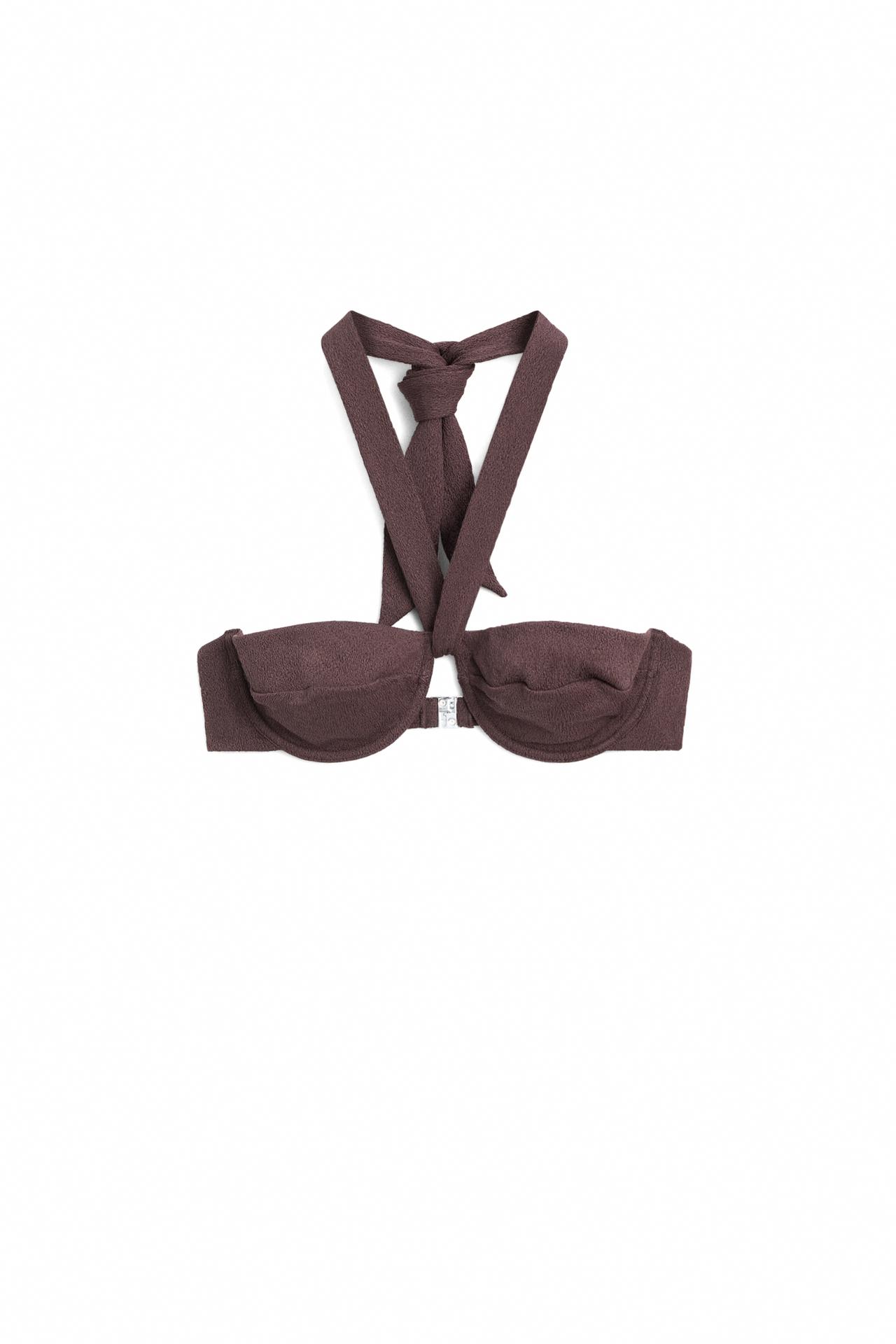 Textured bikini top with underwire and tied neck — Brown