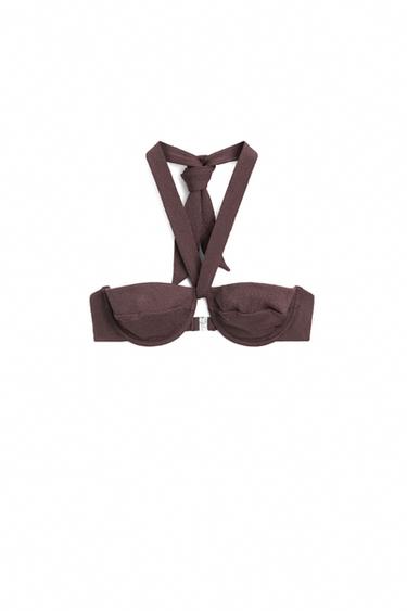 Textured bikini top with underwire and tied neck — Brown 1