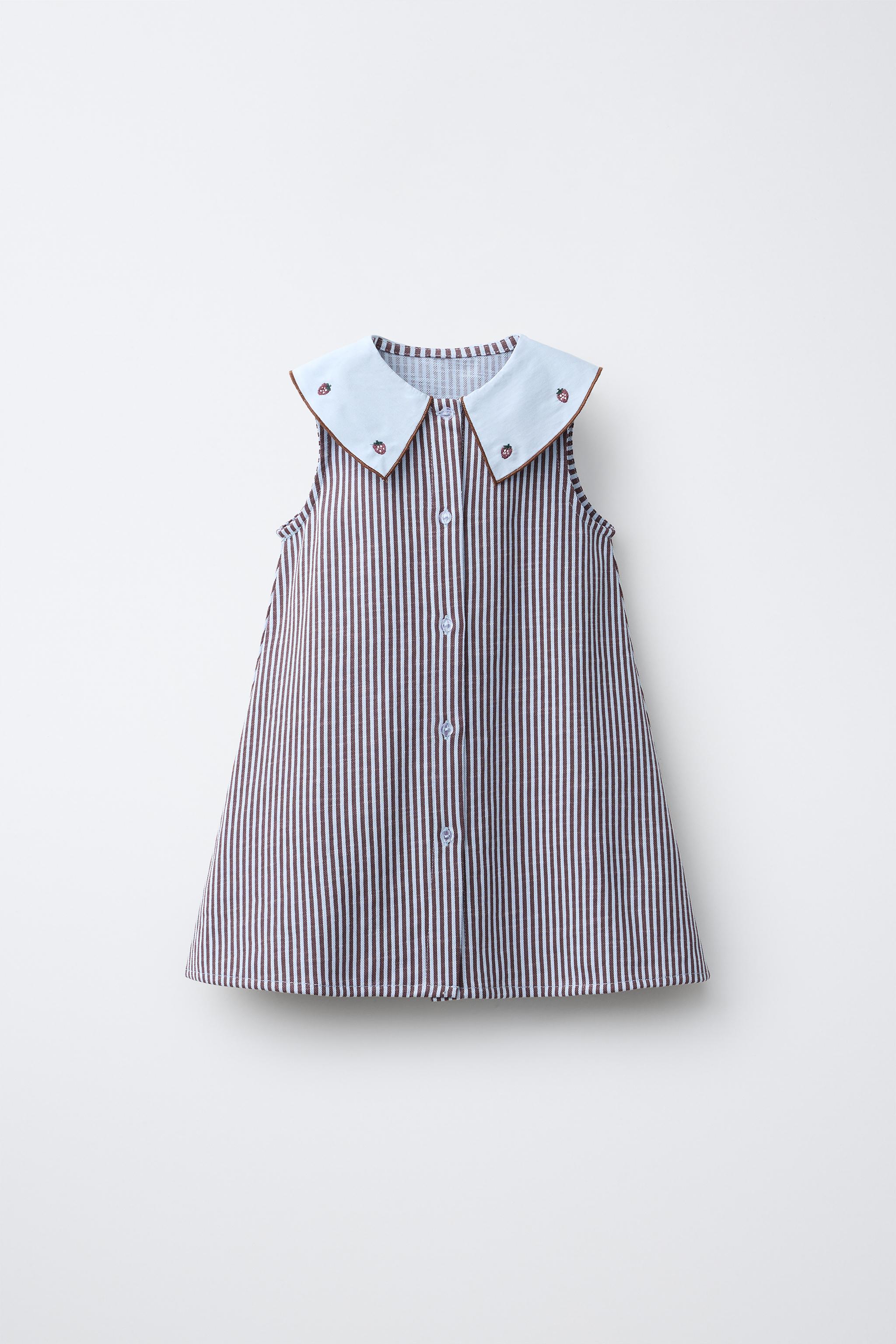 STRIPED DRESS WITH EMBROIDERED COLLAR — Eggplant
