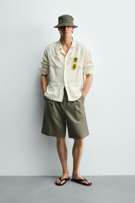 RELAXED FIT %100 KETEN PLİSE GÖMLEK