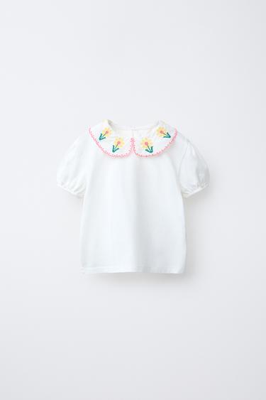 Zara EMBROIDERED PETER PAN COLLAR T-SHIRT - Oyster-white