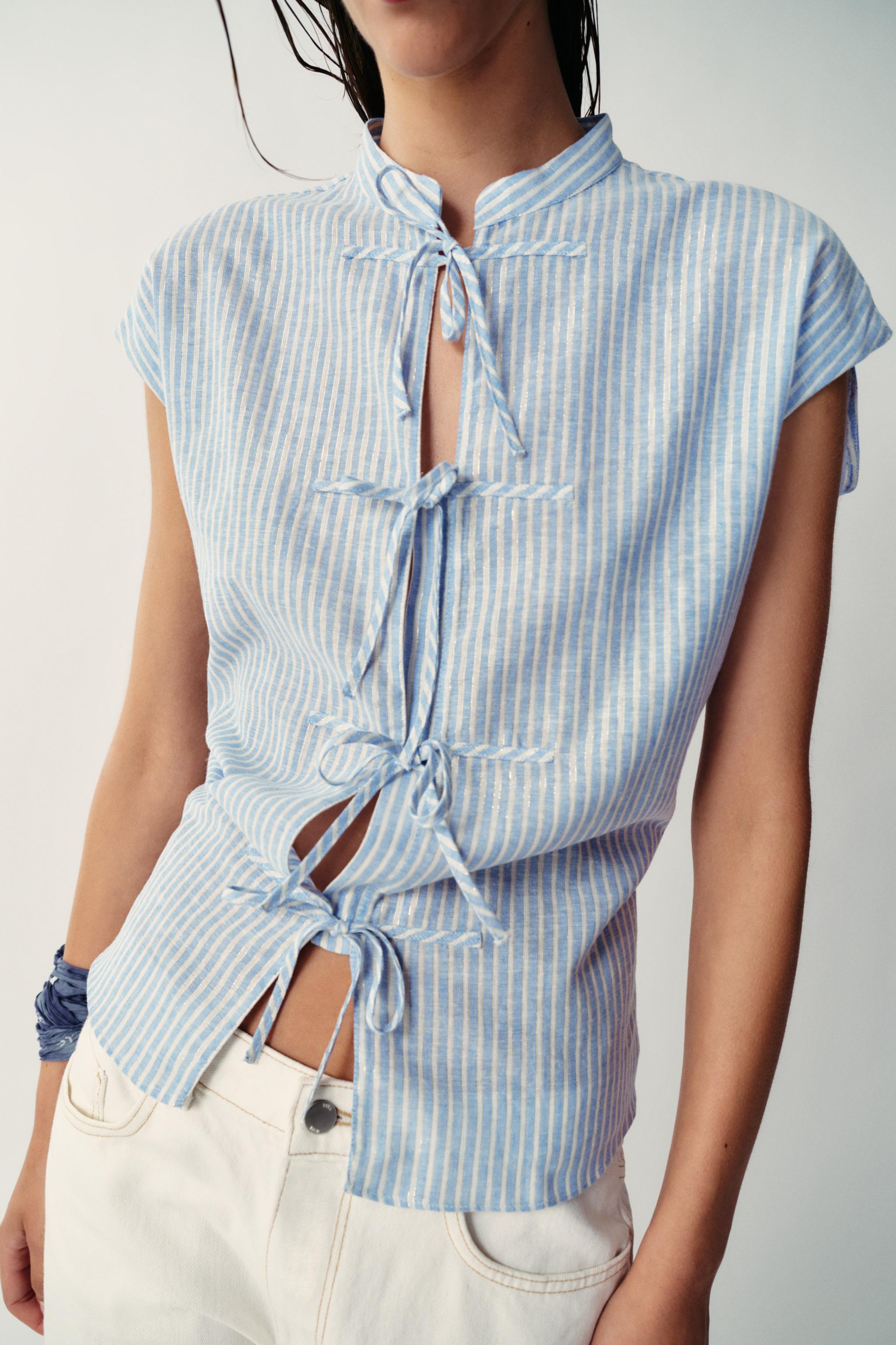 Женские блузки Zara METALLIC THREAD STRIPED TIE BLOUSE — фото 3