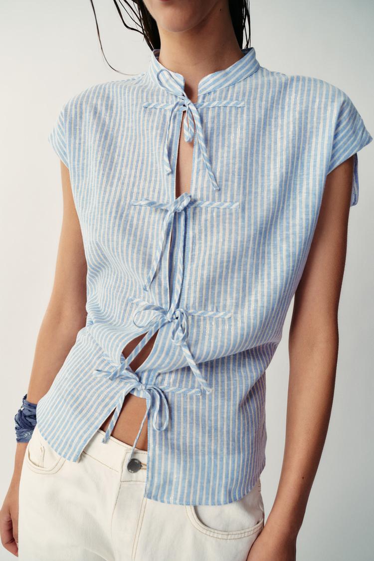 Blusa a rayas con hilo metálico y lazos 3