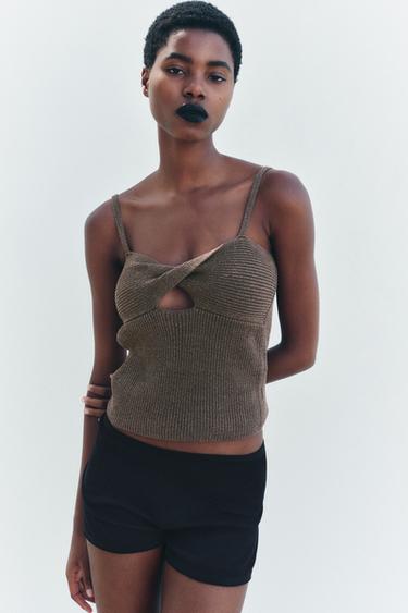 TOP NŒUD EN MAILLE UNIE AVEC LIN - Kaki foncé de Zara - Image 0