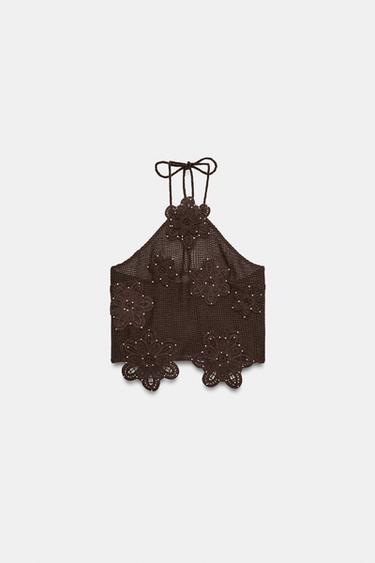 КРОП-ТОП КРОШЕ С БУСИНАМИ — КОРИЧНЕВЫЙ от Zara