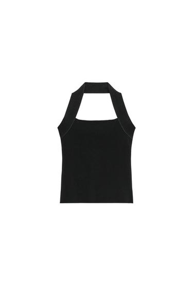 Front view of a fitted black sleeveless backless halter neck top.