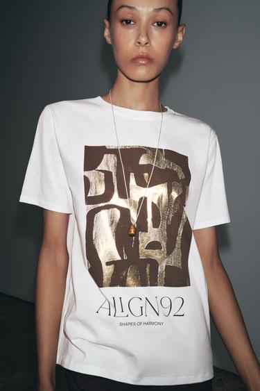 T-SHIRT WITH METALLIC PRINT - Golden by Zara - Image 0