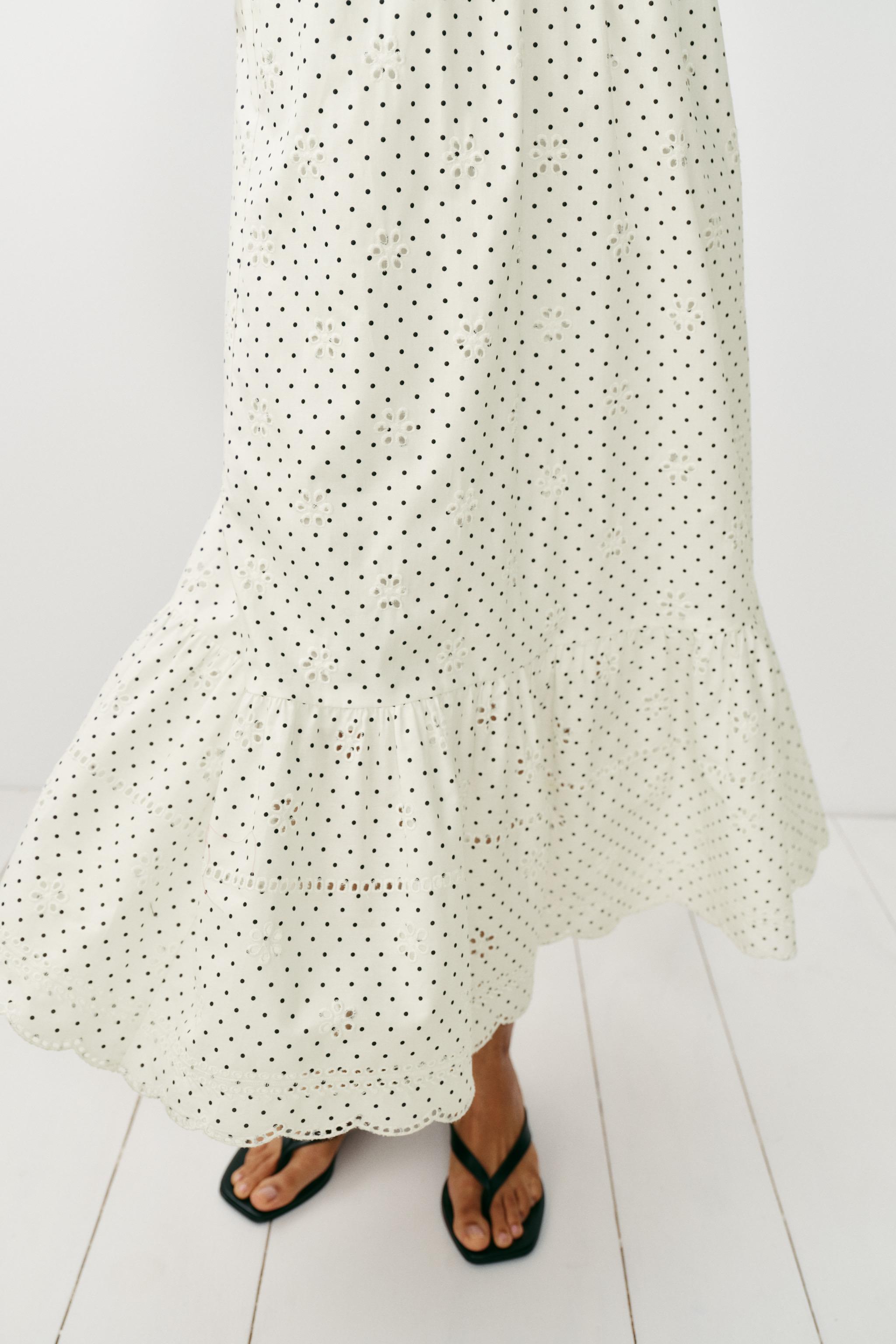 PRINTED EMBROIDERED EYELET MIDI DRESS