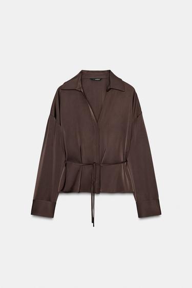 Zara BELTED SATIN EFFECT BLOUSE - Brown