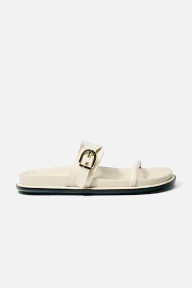 FLAT SANDALS WITH BUCKLE - White by Zara