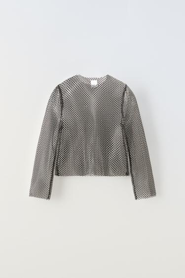 BEJEWELLED MESH TOP - Grey marl by Zara - Image 0