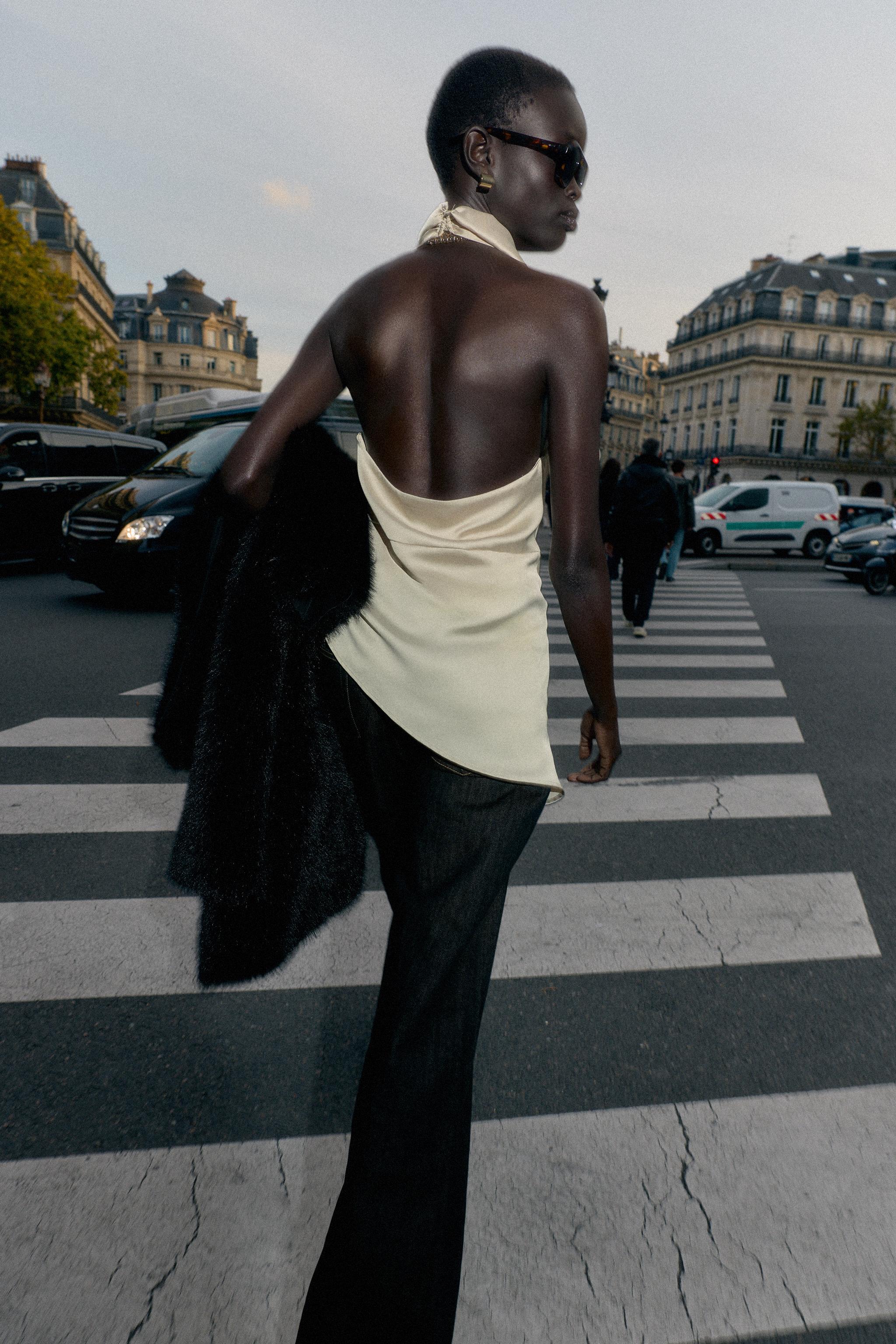 ASYMMETRIC SATIN EFFECT HALTER TOP