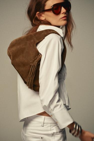 FRINGED SPLIT SUEDE LEATHER SHOULDER BAG - Chocolate by Zara
