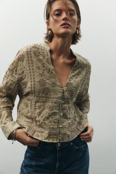 CHEMISE BRODÉE PERFORÉE - Kaki clair de Zara - Image 2